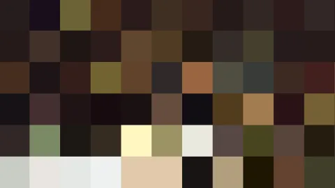 Pixelmosaik aus braunen, olivgrünen, cremefarbenen und dunklen Feldern in einem groben Raster.