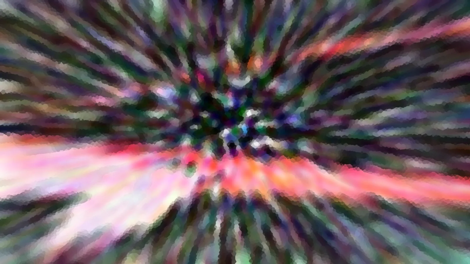 Abstraktes Bild mit radialer Unschärfe: farbige Streifen in Pink, Grün und Violett laufen von einem dunklen Zentrum nach außen, das Ganze pixelig gemosaikt.