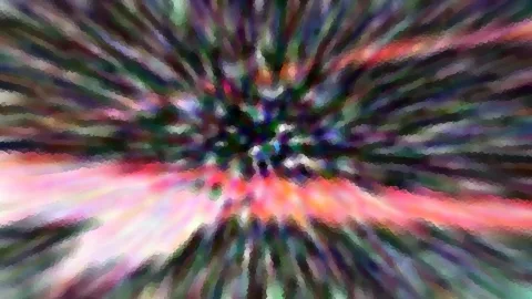 Abstraktes Bild mit radialer Unschärfe: farbige Streifen in Pink, Grün und Violett laufen von einem dunklen Zentrum nach außen, das Ganze pixelig gemosaikt.
