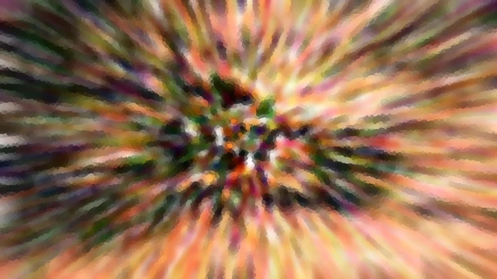Abstraktes Bild mit bunten Streifen in Orange, Grün und Pink, die von einer dunklen Mitte radial nach außen laufen und mosaikartig verpixelt sind.