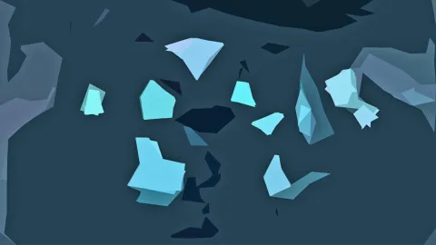 Abstrakte Komposition aus hellblauen und türkisen kantigen Kristallformen auf dunkelblauem Grund