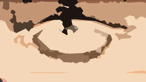 Abstrakte Komposition aus flachen beige- und braunen Farbflächen mit einer schwarzen Form oben in der Mitte und einer ovalen, eyeartigen Umrandung in der Bildmitte.