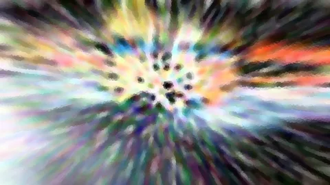 Abstrakte Komposition aus radial verlaufenden, bunten Farbstreifen mit verwaschenen Pixelstrukturen und dunklen Punkten im Zentrum.