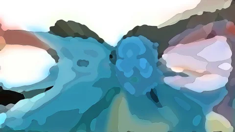 Abstrakte Komposition aus türkisfarbenen und blauen Flächen mit weißem Himmel oben und rosa Tönen rechts.