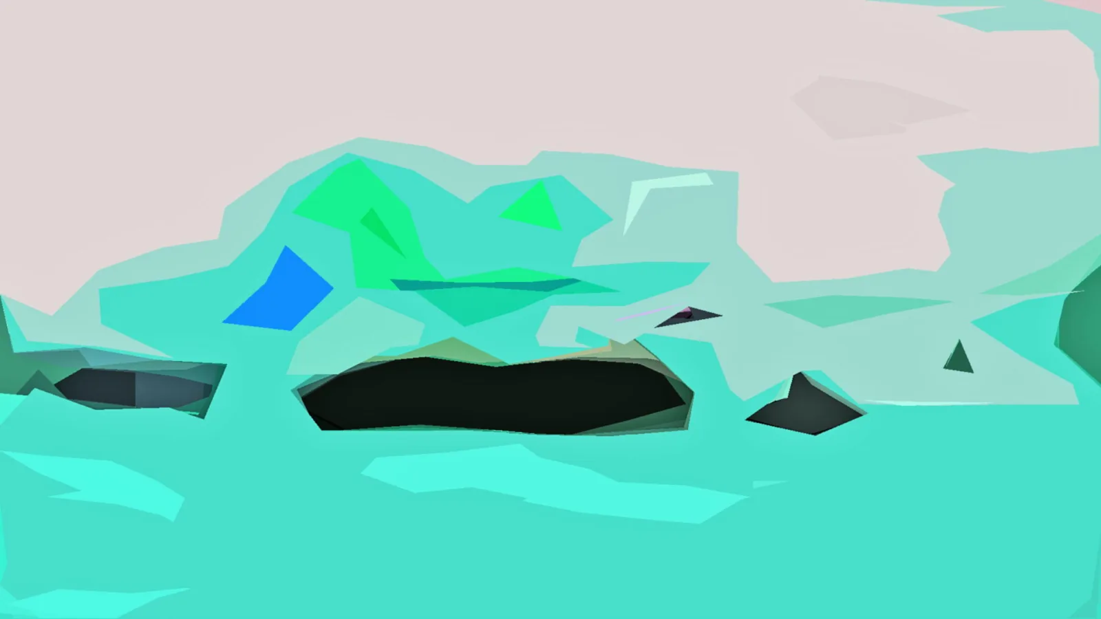 Abstrakte Landschaft aus flachen Dreiecken in Mint, Türkis und Blassrosa, mit einer dunklen Form in der Bildmitte und einem blauen Fleck links.