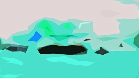 Abstrakte Landschaft aus flachen Dreiecken in Mint, Türkis und Blassrosa, mit einer dunklen Form in der Bildmitte und einem blauen Fleck links.