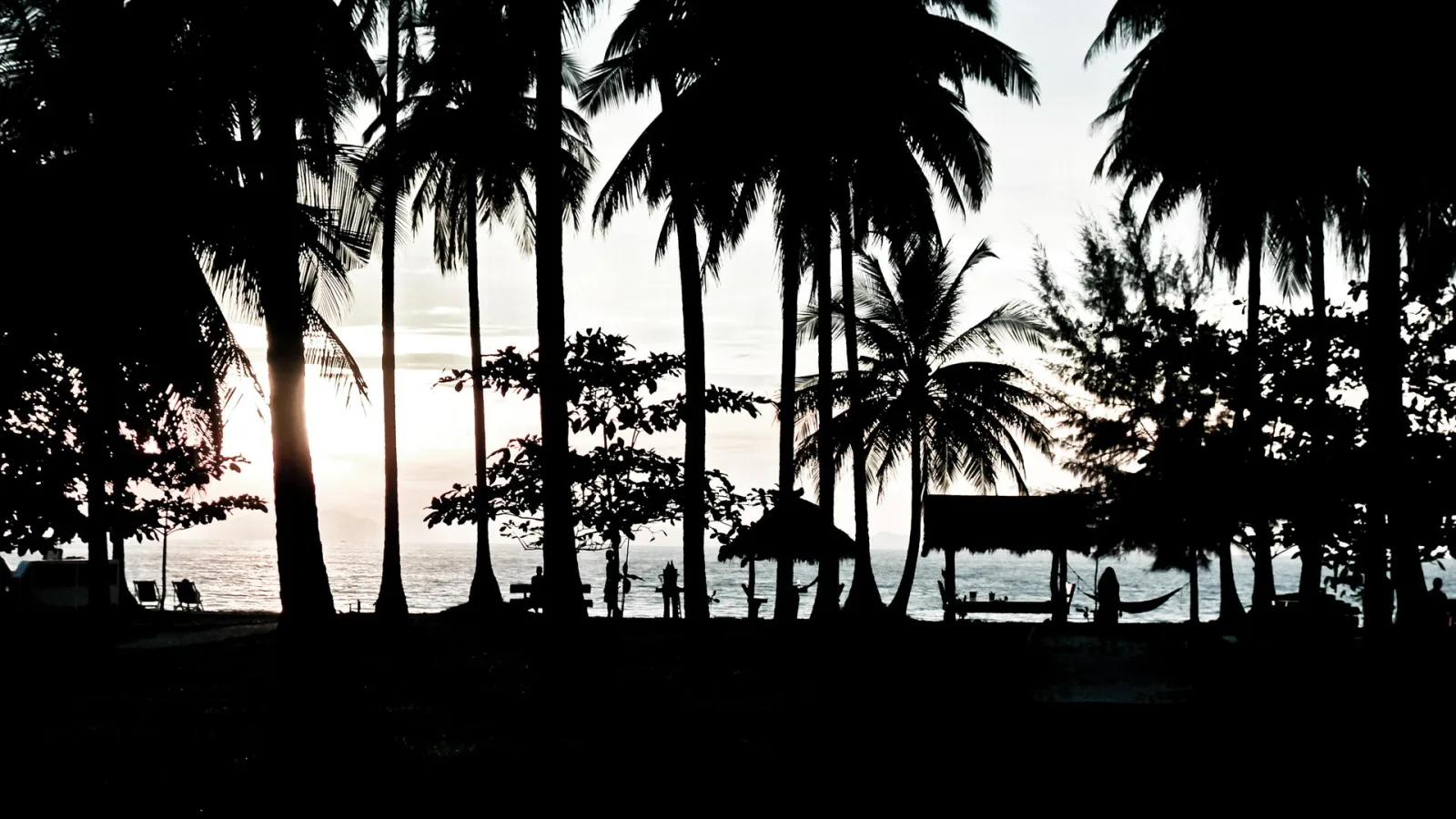 Schwarze Silhouetten hoher Palmen vor einem hellen Abendhimmel über dem Meer, am Strand stehen Strandhütten und eine Hängematte.