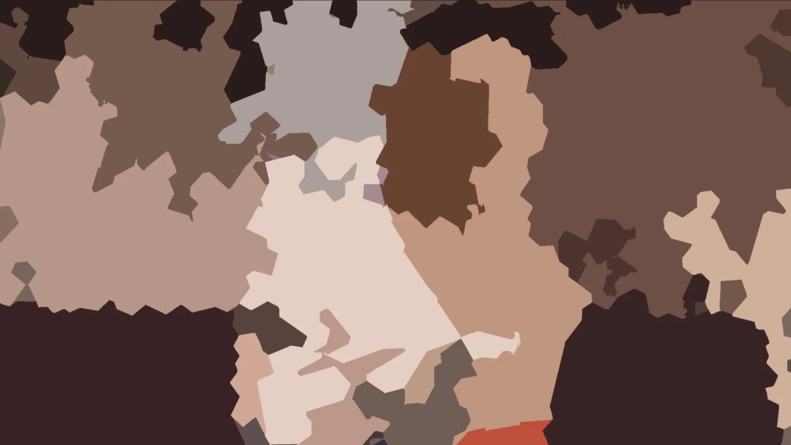 Abstraktes Muster aus unregelmäßigen Flächen in Braun, Beige und Rosé, am unteren Rand ein roter Streifen.