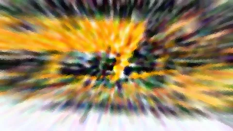 Abstraktes Bild mit radialer Bewegungsunschärfe: Farbstreifen in Orange, Gelb, Grün und Violett strahlen von einem dunklen Zentrum nach außen, unten geht das Bild in helles Weiß über.