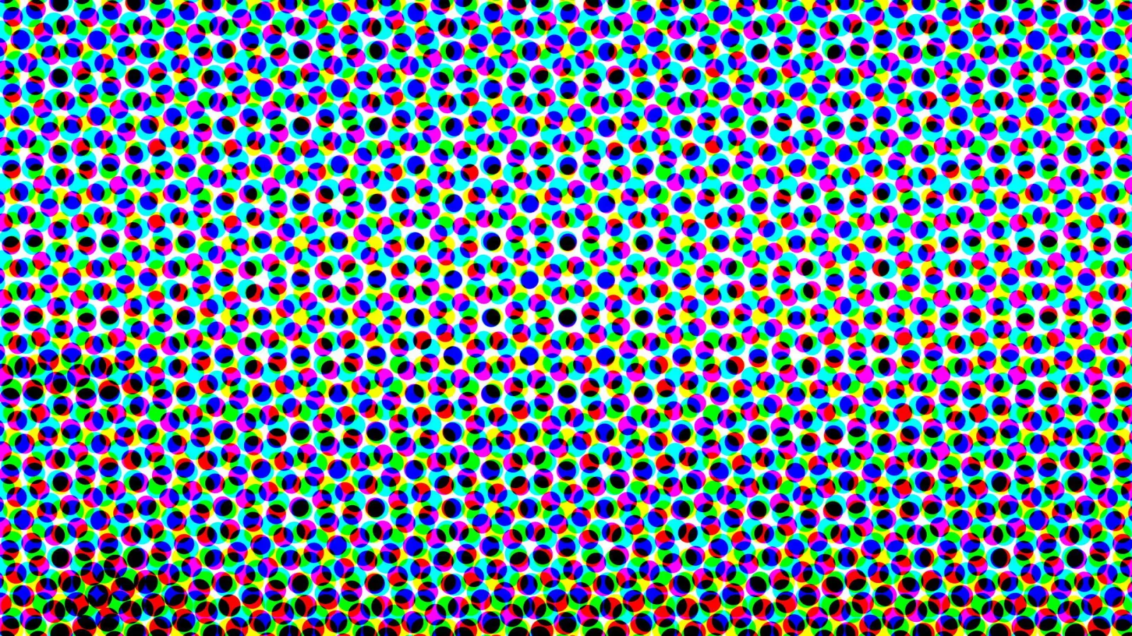 Gleichmäßiges Raster aus kleinen, farbig gefleckten Punkten in Cyan, Grün, Magenta, Gelb und Blau auf weißem Grund