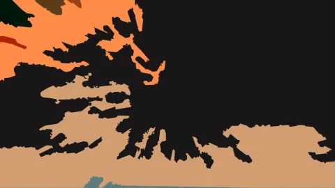 Abstrakte Komposition aus unregelmäßigen orangefarbenen, beigen und dunkelgrünen Flächen vor einem großen schwarzen Hintergrund.