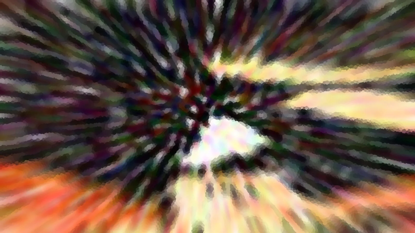 Abstrakte Komposition aus radial verlaufenden, bunten Streifen in Orange, Gelb, Grün und Violett, die zur Bildmitte hin zusammenlaufen.