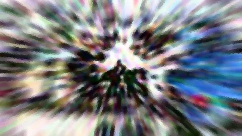 Abstraktes Bild mit farbigen Streifen, die von einem dunklen, fleckigen Zentrum radial nach außen laufen, verwischt und gepixelt.