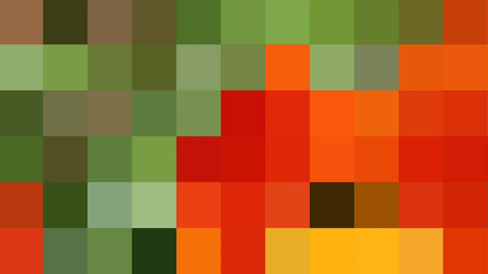 Abstraktes Mosaik aus quadratischen Pixelblöcken in Grün-, Orange-, Rot- und Gelbtönen, rechts oben und unten warm, links dunkler.