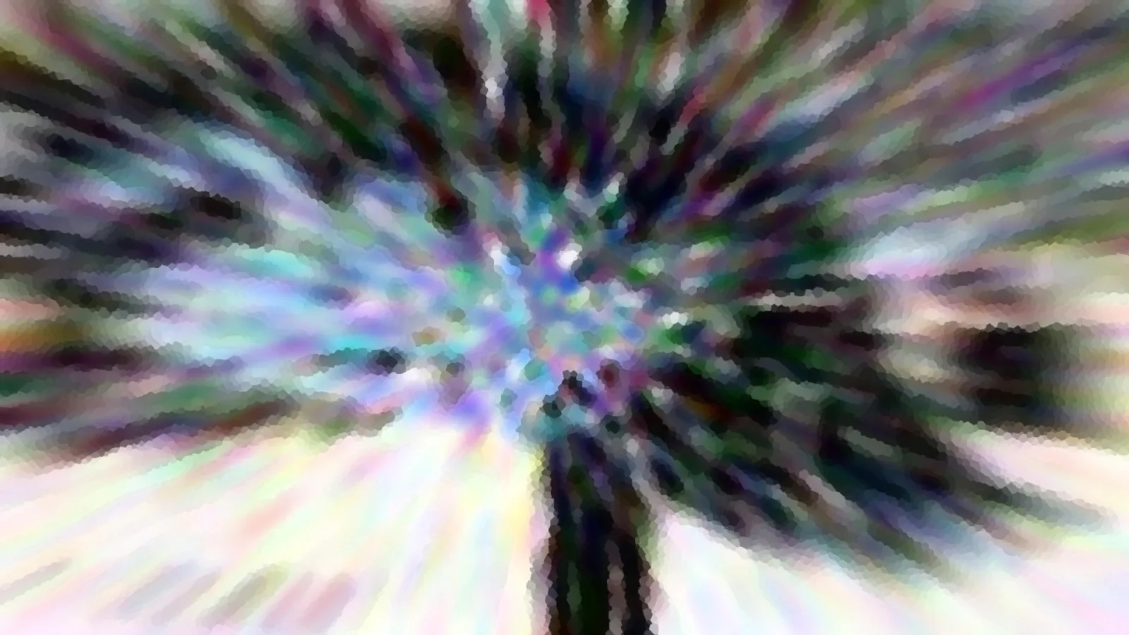 Abstraktes Bild mit radialer Unschärfe, die vom hellen Zentrum nach außen strahlt, in Violett, Grün, Cyan und Weiß, durchzogen von dunklen Streifen und mosaikartiger Pixelstruktur.