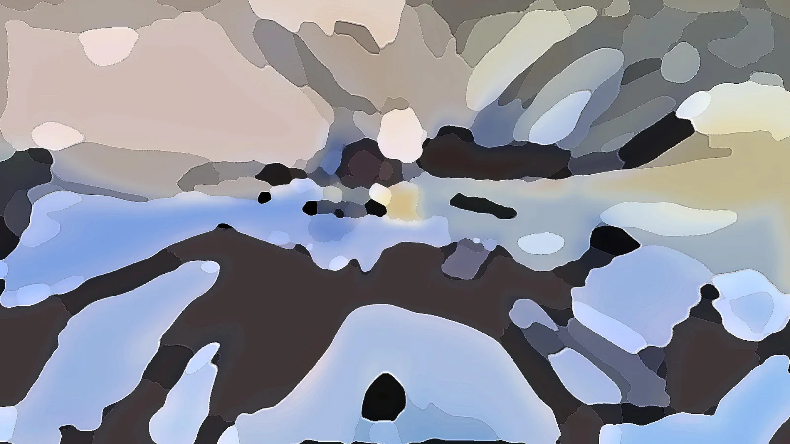 Abstraktes Bild aus flächigen, weichen Formen in Blau, Beige, Grau und Braun, mit hellen Akzenten in der Mitte.