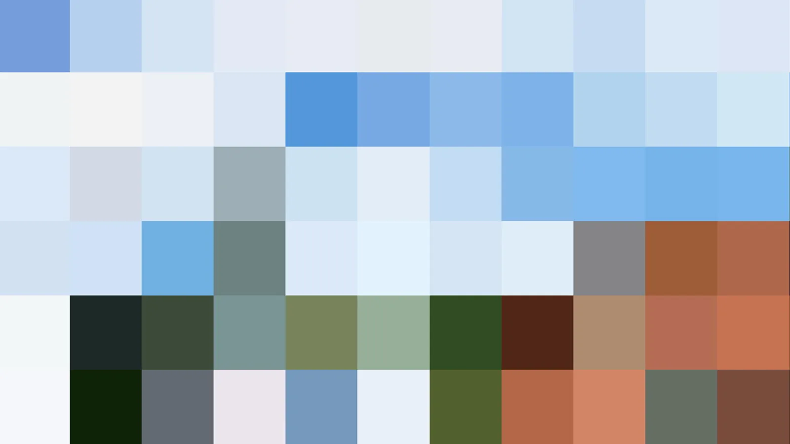 Pixelmosaik aus hellblauen, weißen, grünen und braunen Farbfeldern in einem Raster aus Quadraten.