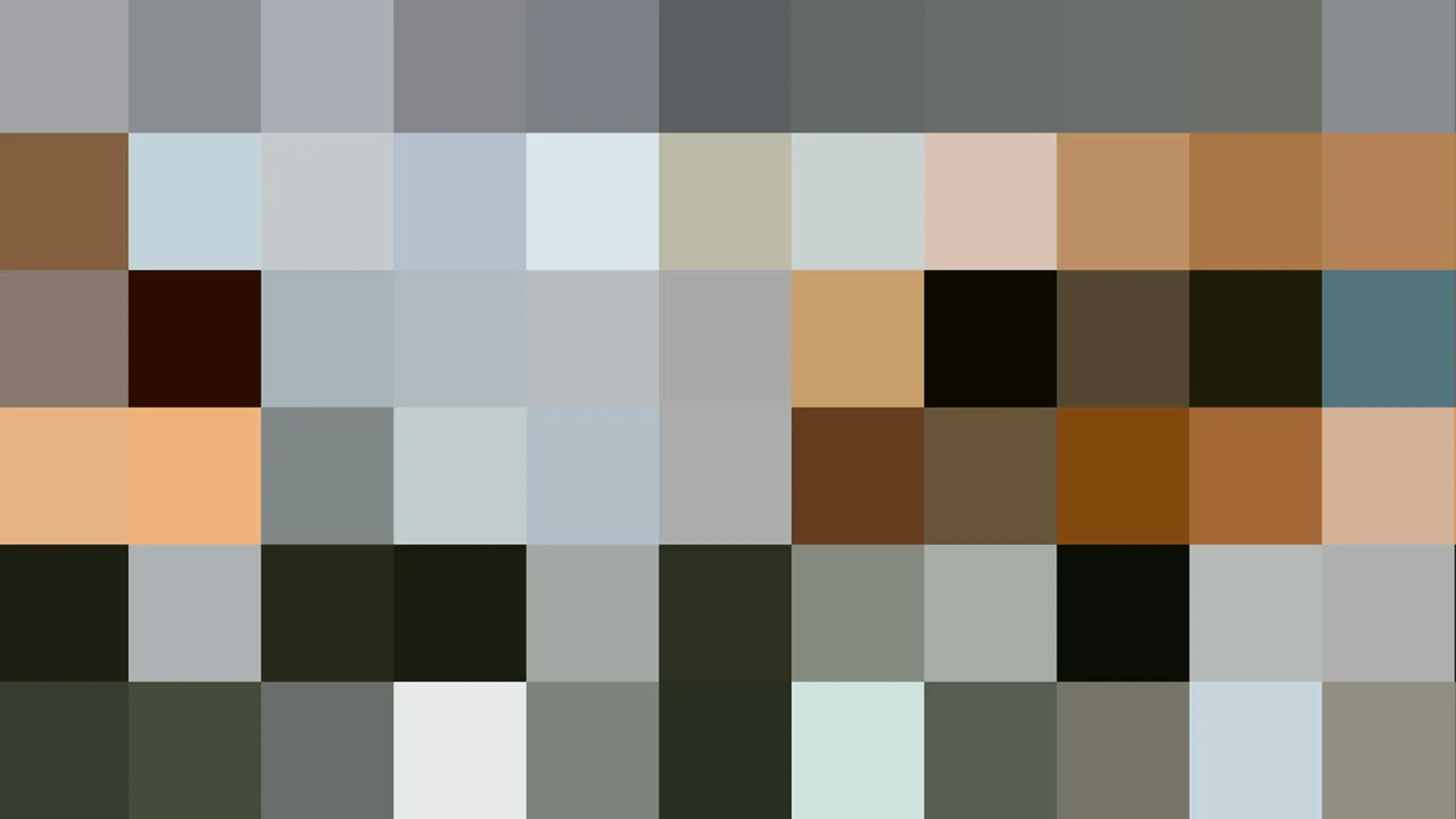 Grob gepixeltes Raster aus grauen, braunen, beigen und blaugrauen Farbfeldern, die zusammen ein verpixeltes Motiv ergeben.