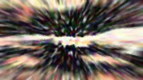 Abstrakte Komposition aus bunten, radial von einem hellen Zentrum ausgehenden Unschärfestrahlen mit mosaikartigen Kanten