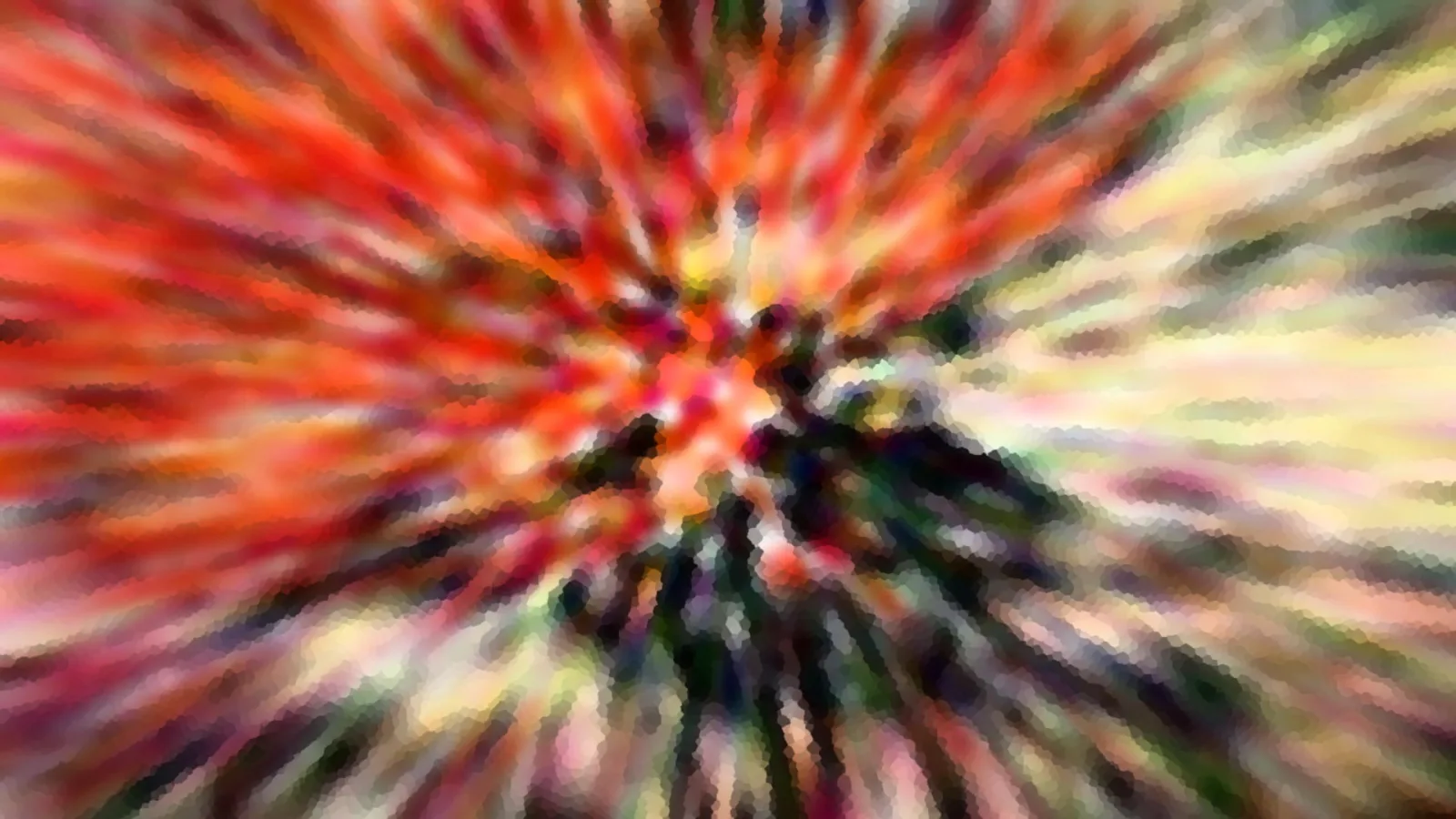 Abstraktes Bild mit radial von der Mitte nach außen laufenden Streifen in Rot, Orange, Gelb und Grün, verwischt und leicht gepixelt.