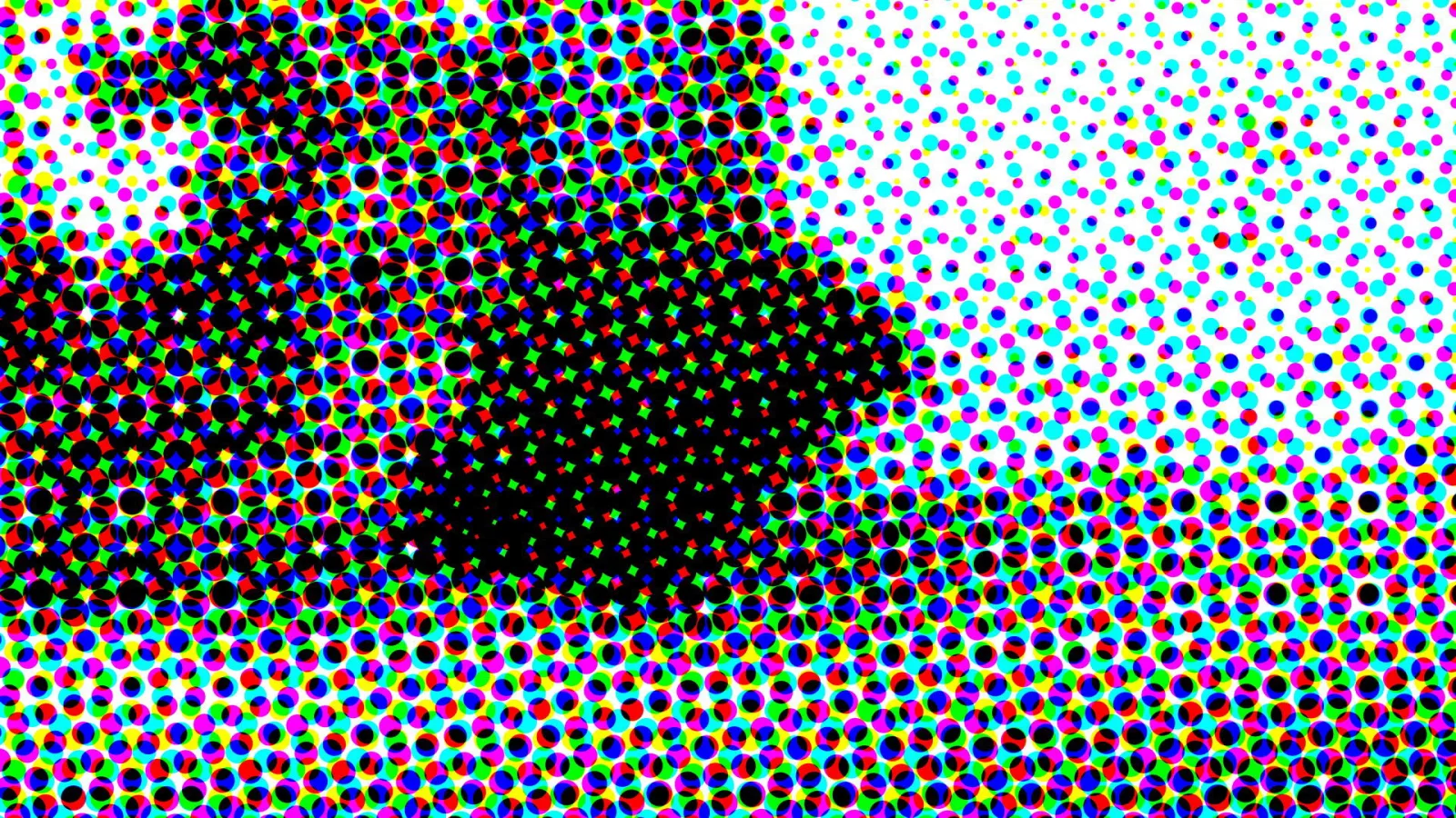 Farbige Rasterpunkte in Cyan, Magenta, Gelb, Rot, Grün, Blau und Schwarz. Links und in der Mitte verdichten sich die Punkte zu einer dunklen Fläche, rechts oben lösen sie sich in Weiß auf.