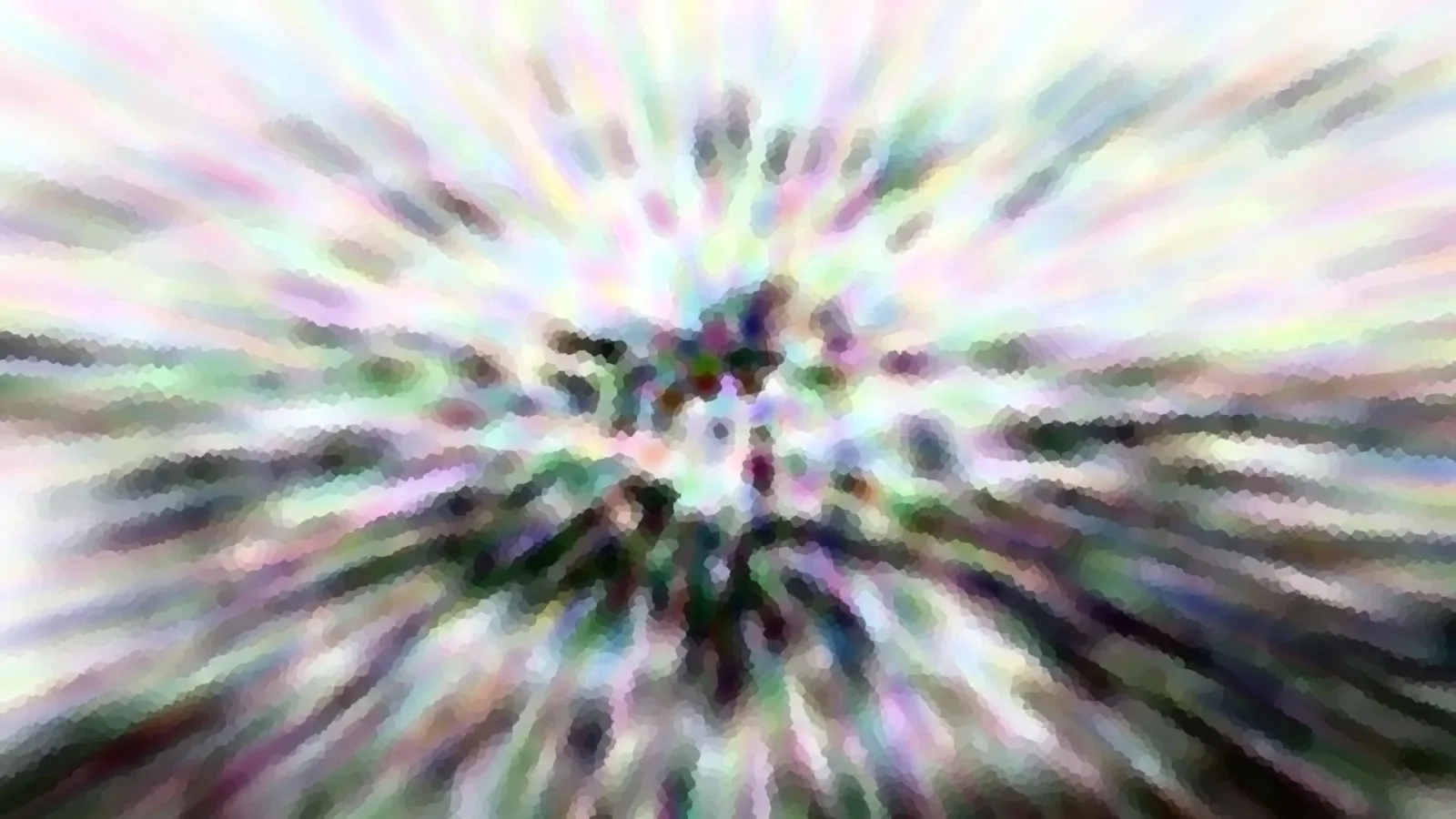 Abstraktes Bild mit einem radialen Zoomeffekt. Von der Mitte strahlen helle Streifen in Pastellfarben nach außen, dazwischen dunkle Flecken in Grün und Violett, alles pixelig verwischt.