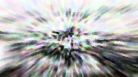 Abstraktes Bild mit einem radialen Zoomeffekt. Von der Mitte strahlen helle Streifen in Pastellfarben nach außen, dazwischen dunkle Flecken in Grün und Violett, alles pixelig verwischt.