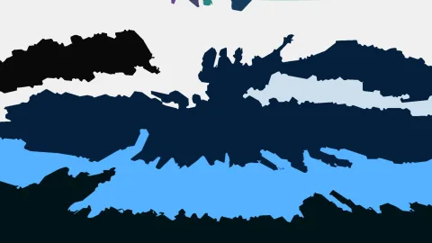 Abstrakte Komposition aus dunkelblauen, hellblauen und schwarzen Flächen auf hellgrauem Hintergrund, mit zerklüfteten Rändern.