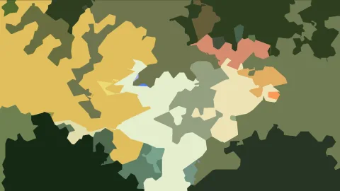 Abstrakte Komposition aus unregelmäßig gezackten Flächen in Gelb, Olivgrün, Creme, Lachsrosa und Dunkelgrün.