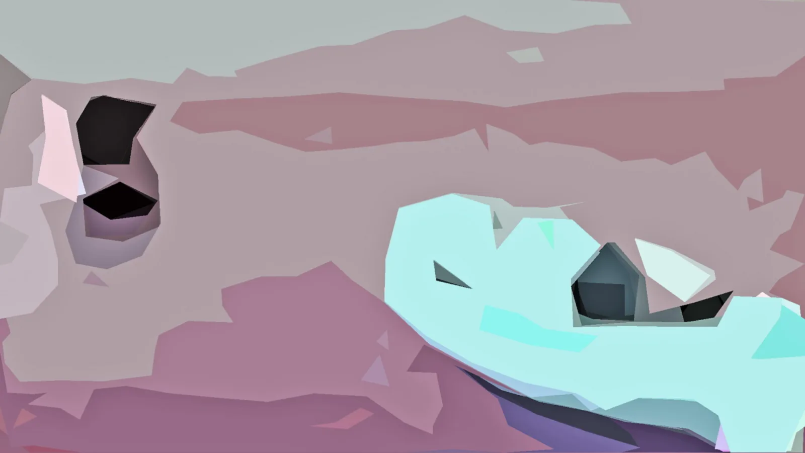 Abstraktes Low-Poly-Motiv mit pastellrosa und mauvefarbenen Flächen, einer großen türkisfarbenen Form rechts und dunklen Aussparungen links.