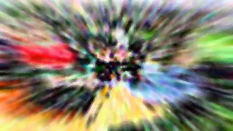 Abstrakte Komposition aus bunten, radial vom Zentrum nach außen gezogenen Farbschlieren in Rot, Grün, Gelb und Blau, mit pixeligen Mosaikstrukturen.