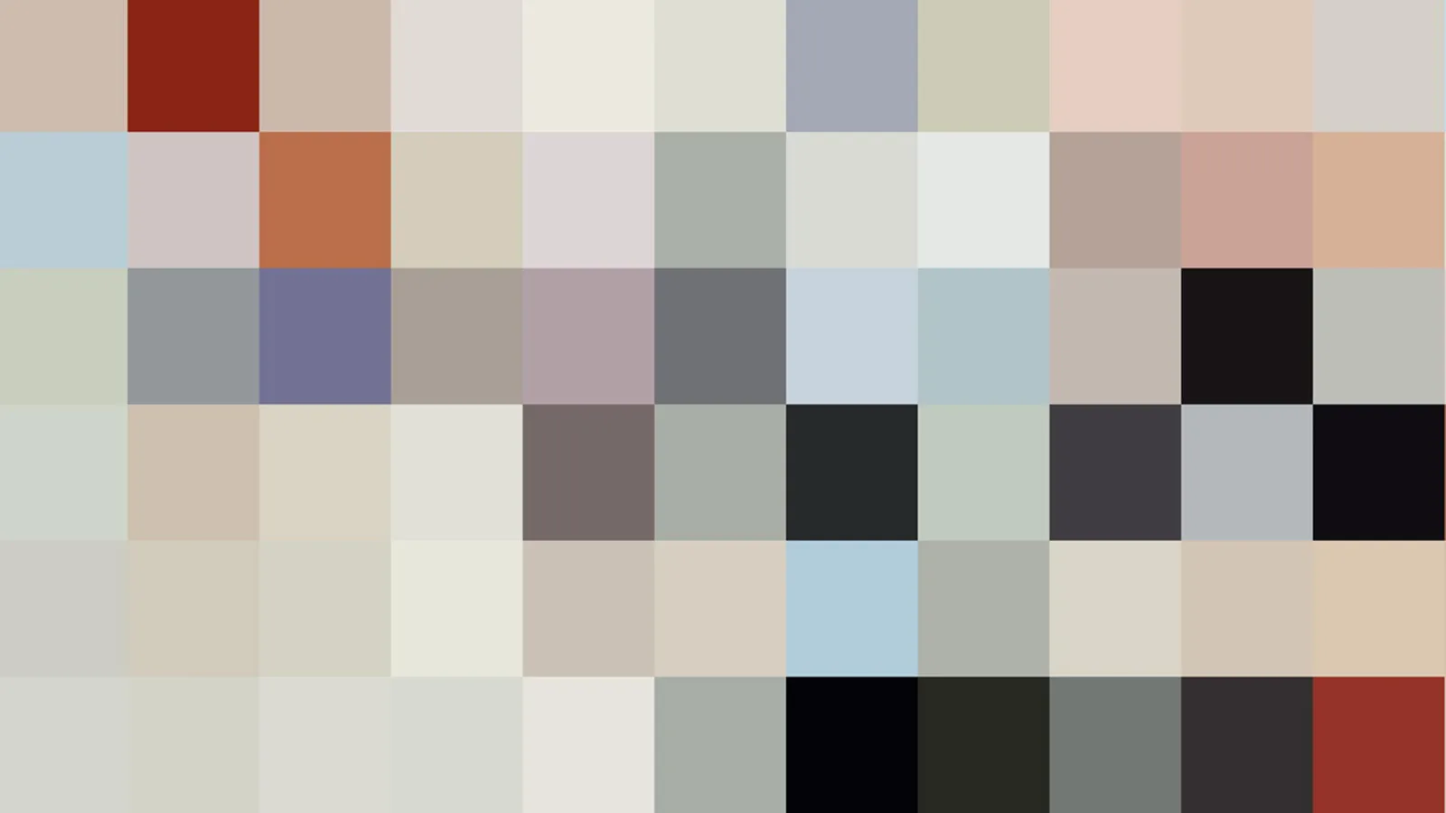 Rechteckiges Raster aus farbigen Quadraten in Beige, Grau, Rot, Blau und Schwarz, ohne erkennbares Motiv.
