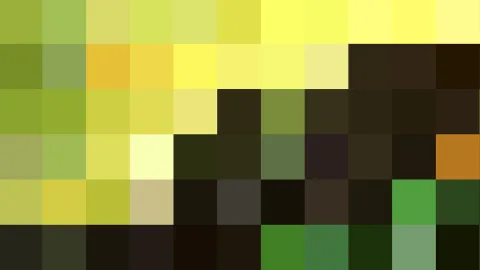 Mosaik aus quadratischen Pixelblöcken in Gelb, Grün, Olivtönen und fast schwarzen Feldern, angeordnet in elf Spalten und sechs Reihen.