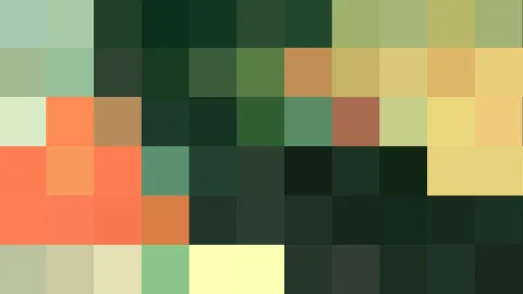 Abstraktes Mosaik aus grünen, gelben und orangefarbenen Farbfeldern in grober Pixelstruktur.
