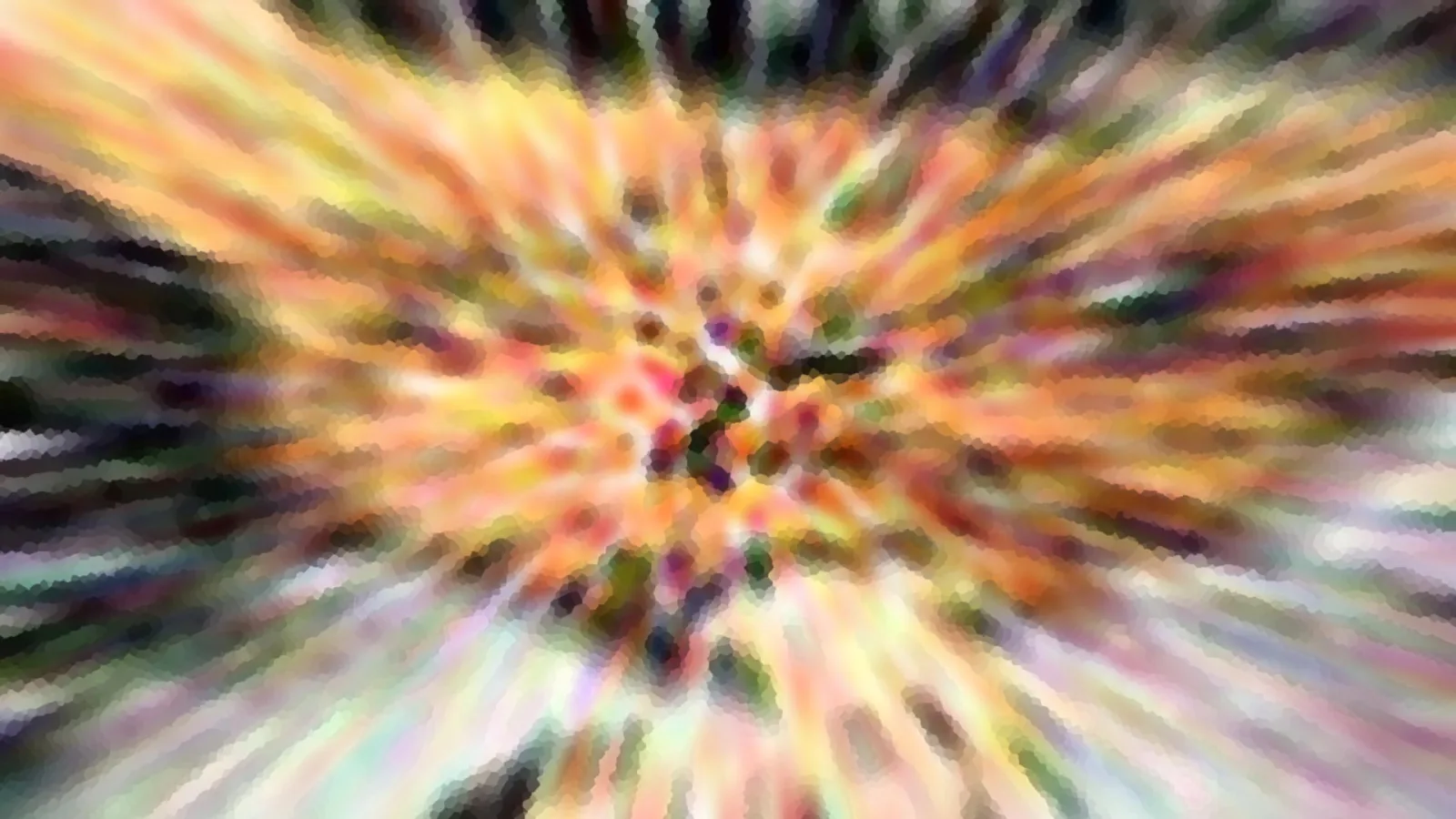 Abstraktes Bild mit radial von einem Zentrum ausstrahlenden Streifen in Orange, Gelb, Rosa und Grün, dazwischen dunkle Punkte und Verwischungen, grobe Pixelstruktur.