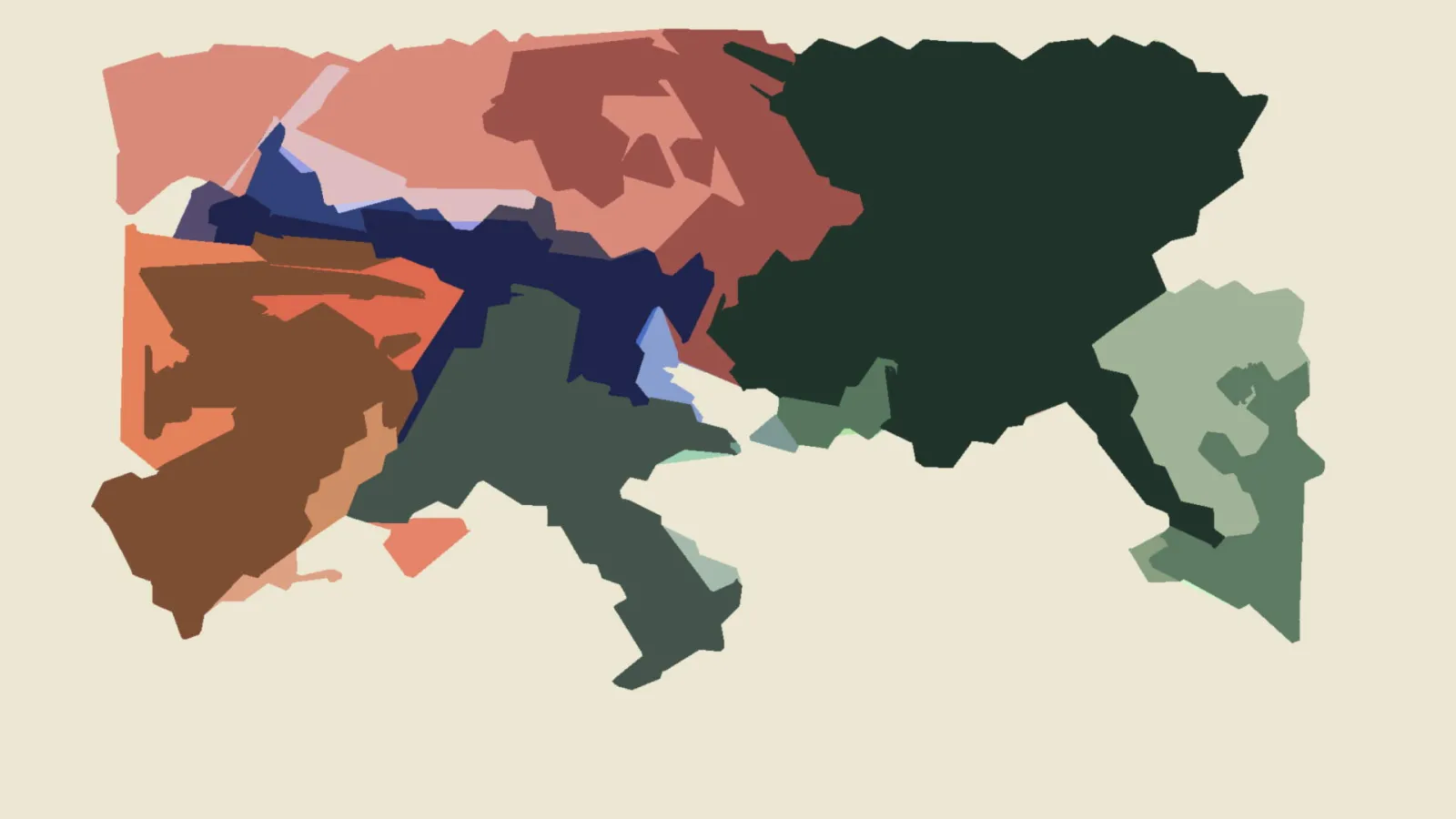 Abstrakte Komposition aus unregelmäßigen Flächen in Lachs, Dunkelgrün, Navy und Braun auf cremefarbenem Grund.