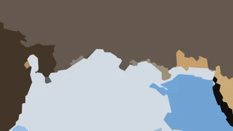 Abstrakte Komposition aus flachen, unregelmäßig geformten Farbflächen in Braun, Hellgrau, Blau, Ocker und Schwarz.