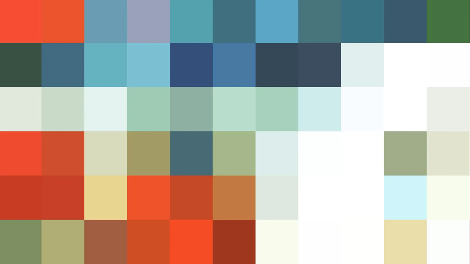 Mosaik aus quadratischen Farbfeldern in Rot, Blau, Grün, Weiß und Beige, angeordnet in zehn Spalten und sechs Reihen.