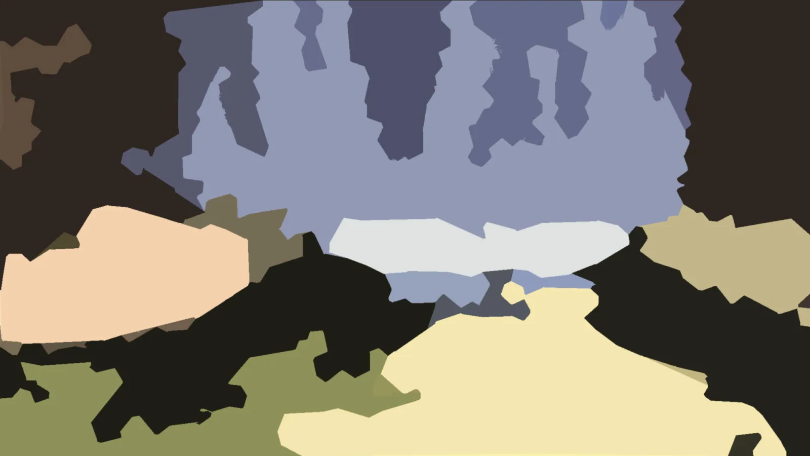 Abstrakte Komposition aus großen Farbflächen in Blau, Grau, Beige, Oliv und Schwarz, mit einem hellen Band in der Mitte.