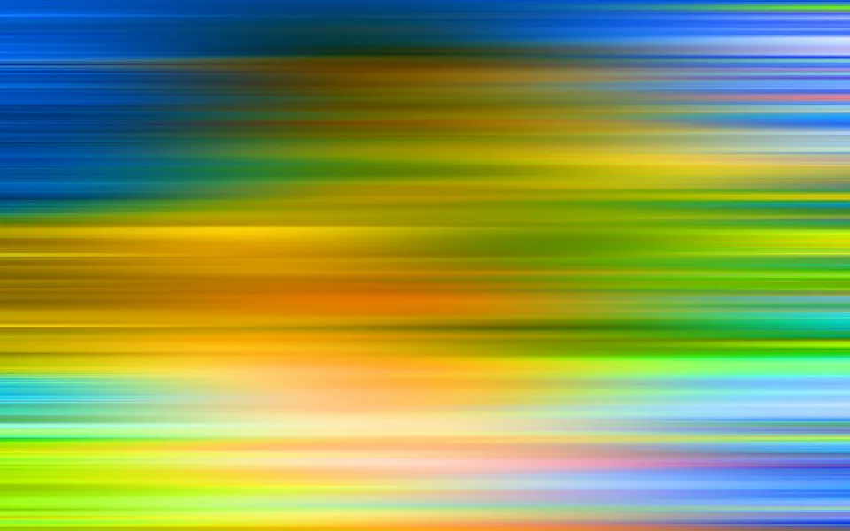 Abstrakte Komposition aus waagerechten, verwischten Streifen in Blau, Gelb, Grün und Orange, die sich über die gesamte Fläche ziehen.