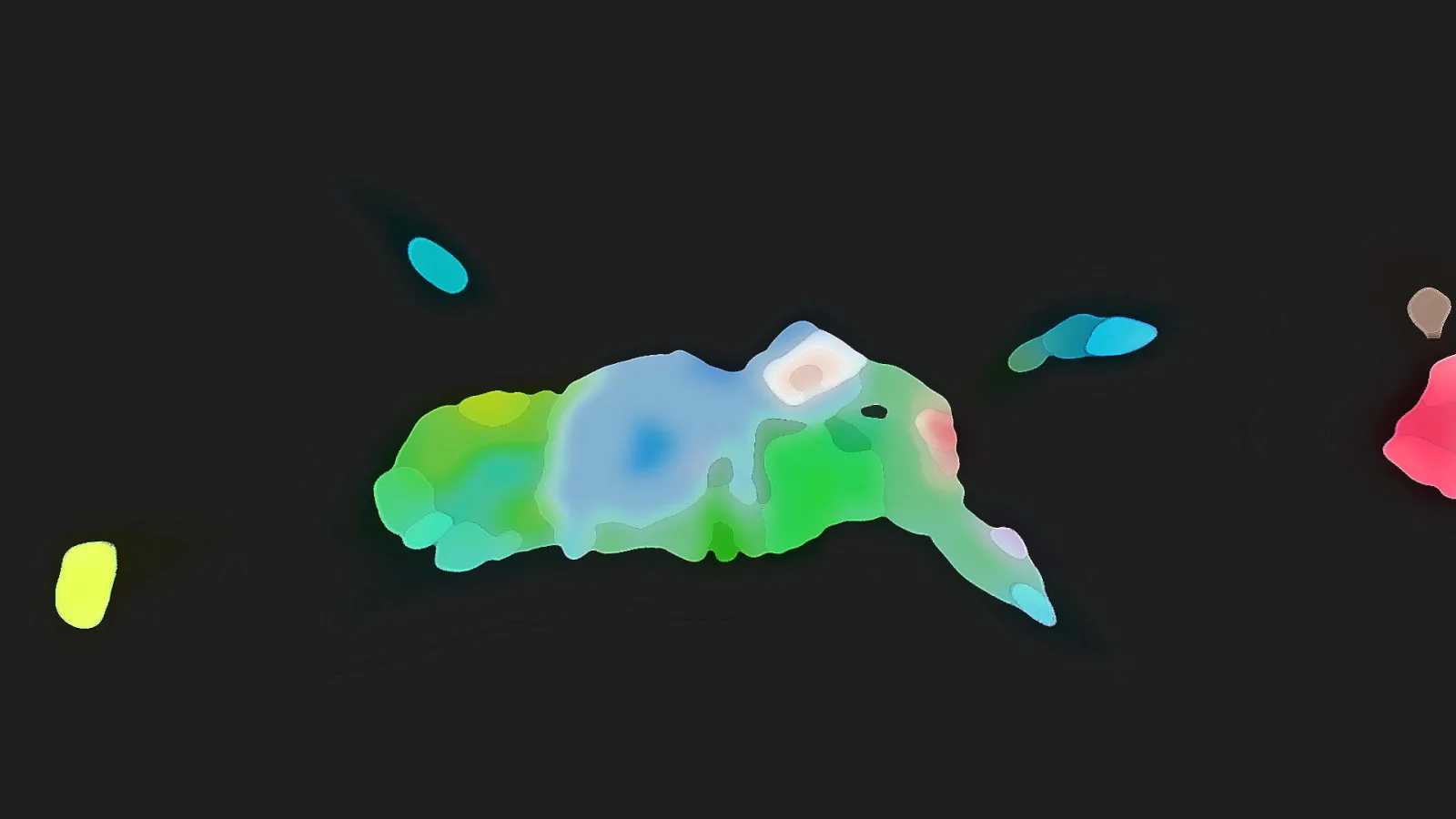 Abstrakte Komposition aus grünen, blauen und bunten Farbflecken auf schwarzem Hintergrund