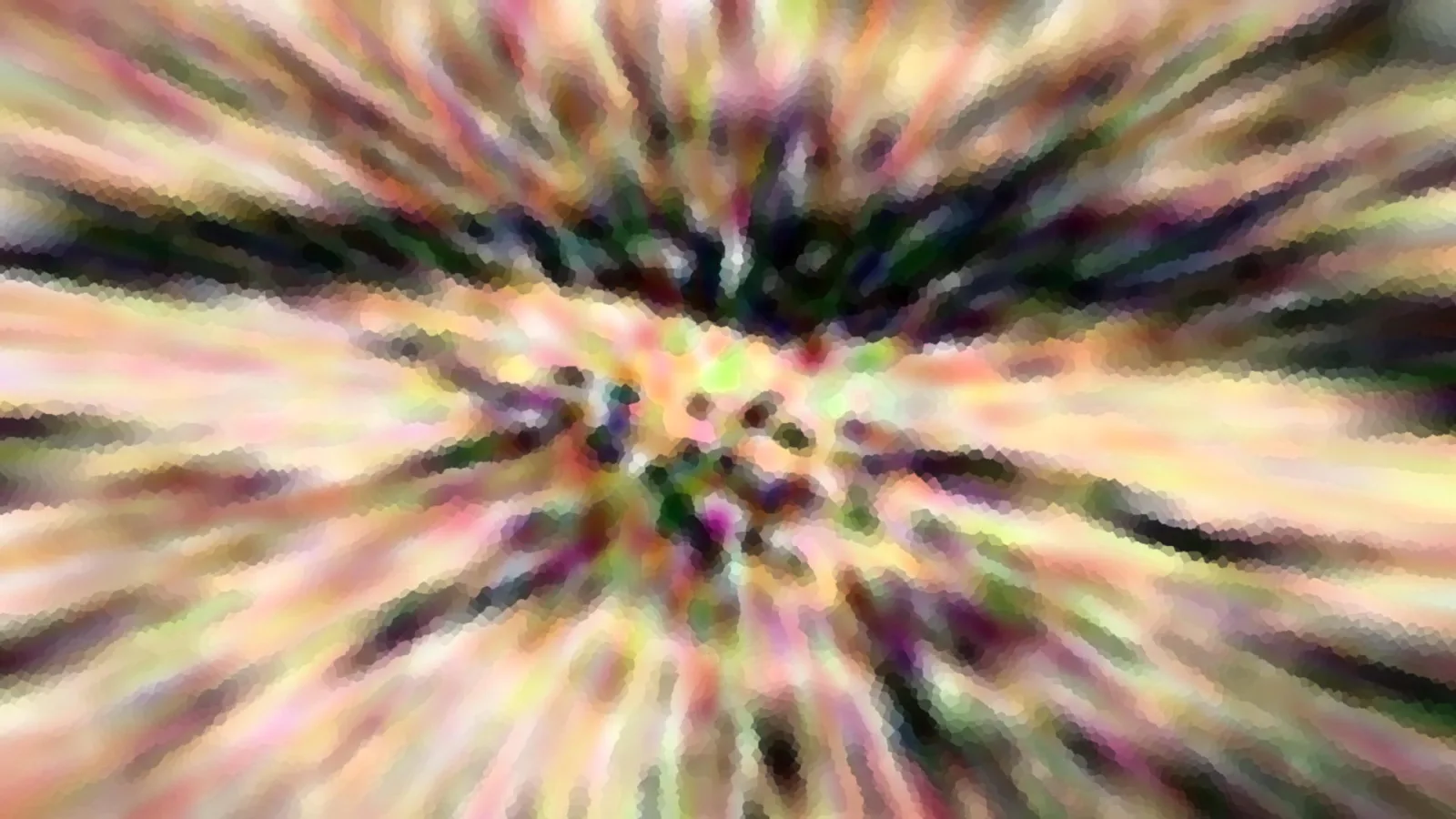Abstrakte Komposition aus bunten, radial vom Zentrum ausstrahlenden Farbstreifen mit pixeligem Mosaikeffekt und dunklem Kern