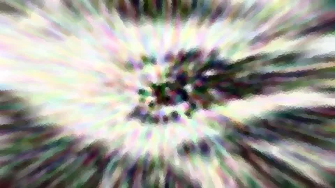 Abstrakte Komposition aus pastellfarbenen Streifen, die von einem dunklen Zentrum radial nach außen strahlen, pixelig und bewegungsunscharf.