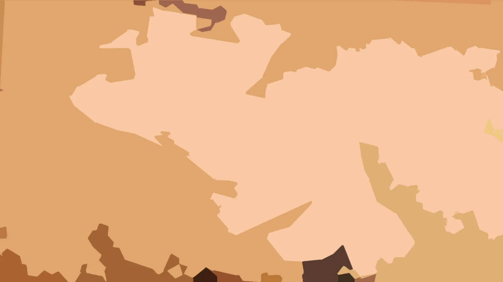 Abstrakte Komposition aus unregelmäßigen, hellen und dunklen Flächen in Beige, Sandtönen und Braun, mit dunklen Formen am unteren Rand.