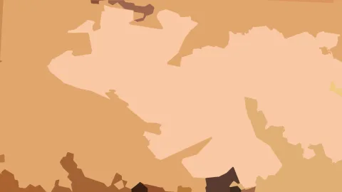 Abstrakte Komposition aus unregelmäßigen, hellen und dunklen Flächen in Beige, Sandtönen und Braun, mit dunklen Formen am unteren Rand.
