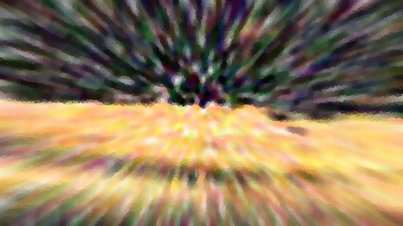 Stark verwischtes Bild mit radialen Schlieren: oben dunkle grüne und violette Baumkronen, unten ein gelb-oranges Feld in Bewegungsunschärfe.