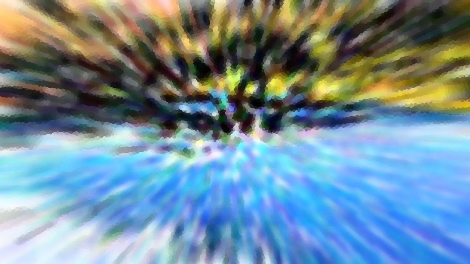 Abstrakte Komposition mit radialen Schlieren in Gelb, Grün und Dunkelblau oben, Blau und Weiß unten, mit mosaikartiger Körnung.