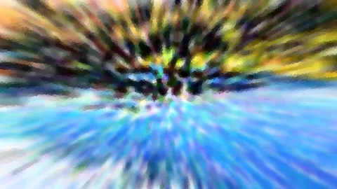 Abstrakte Komposition mit radialen Schlieren in Gelb, Grün und Dunkelblau oben, Blau und Weiß unten, mit mosaikartiger Körnung.