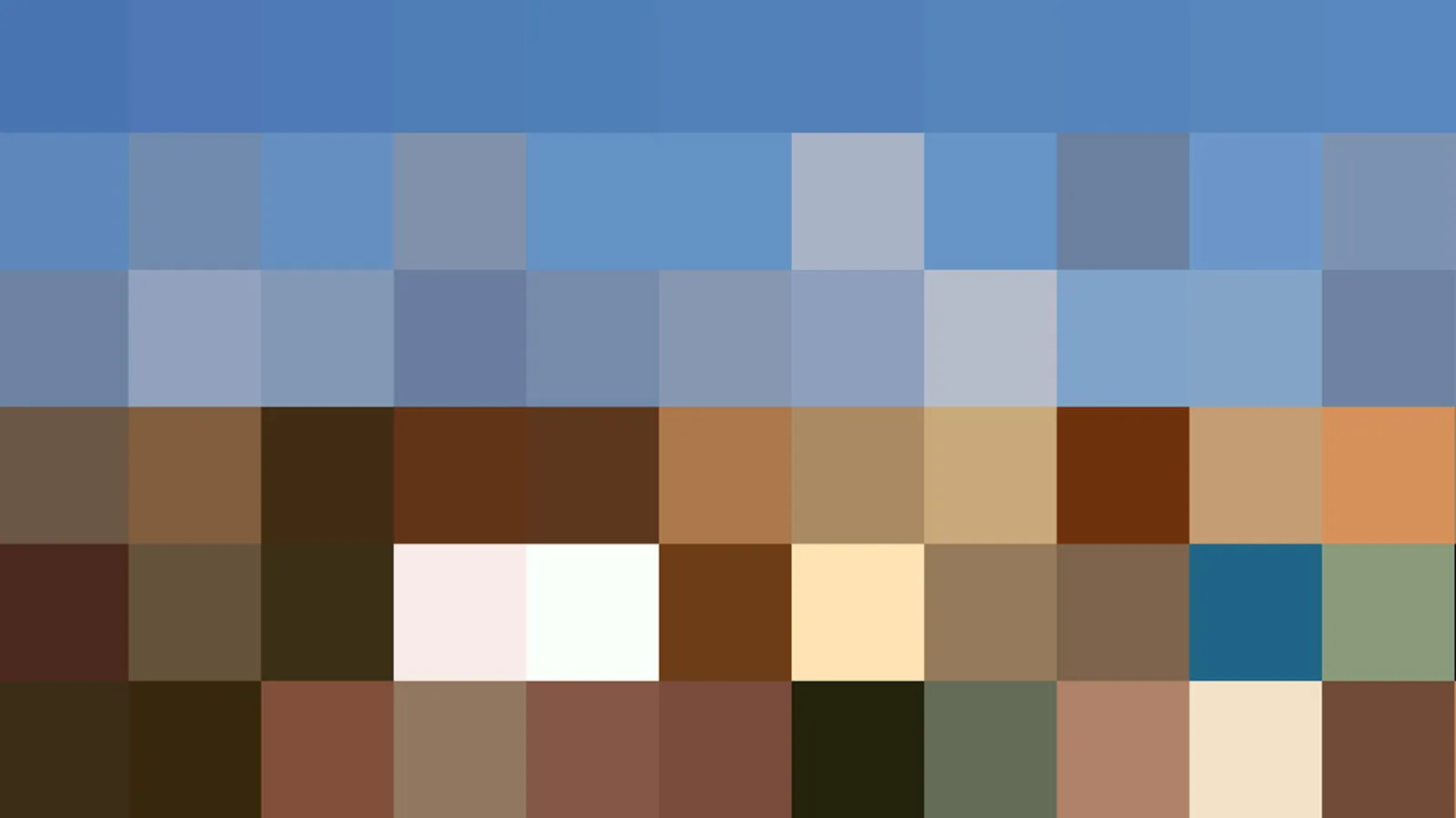 Grob verpixeltes Raster aus Farbquadraten: oben gleichmäßiges Blau, in der Mitte Blaugrau, unten Braun-, Beige- und Sandtöne.