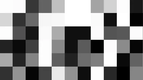Mosaik aus quadratischen Feldern in Schwarz, Weiß und verschiedenen Grautönen, angeordnet in sechs Reihen.